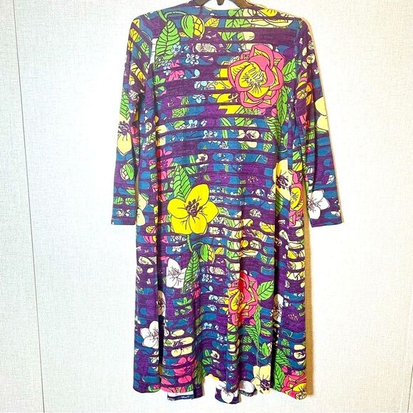 Lularoe Bright Floral Duster Jacket Maxi Cardigan Purple Blue Yellow Pockets M - Picture 1 of 5